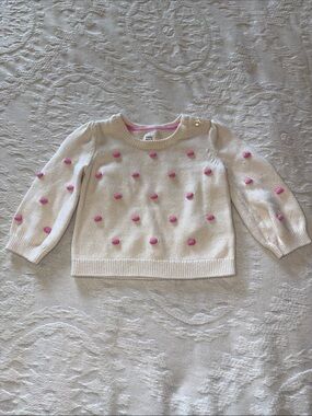Baby Gap Cream Sweater with Pink Pom-Pom Accents EUC 12-18mo